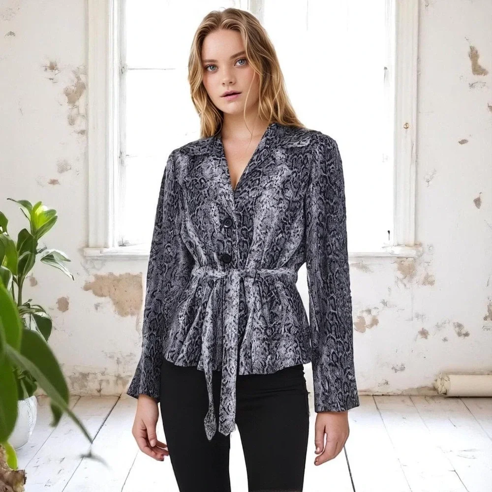 Snake Print Microsuede Belted Blazer Jacket Size Large Y2K Femme Tailored Fit